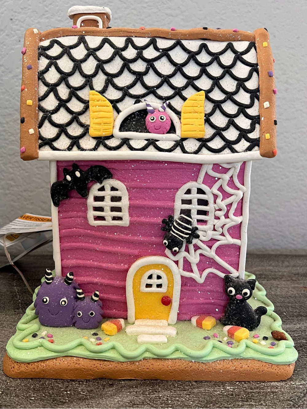 Halloween 9" Pink Gingerbread House Light Up Decoration Spider Web, Black Cat